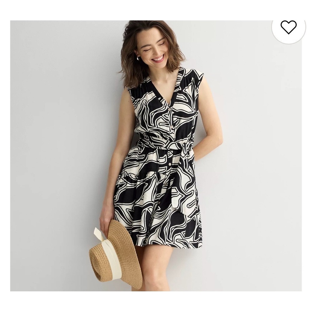 Nine West Abstract Print Button-Front Mini Dress Tie Waist Summer Chic Sz L